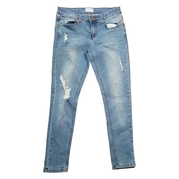 Y2K GOGO Jeans sz 5 Distressed Light Wash 3D Logo Denim Teen Low Rise Stretch - Picture 1 of 6